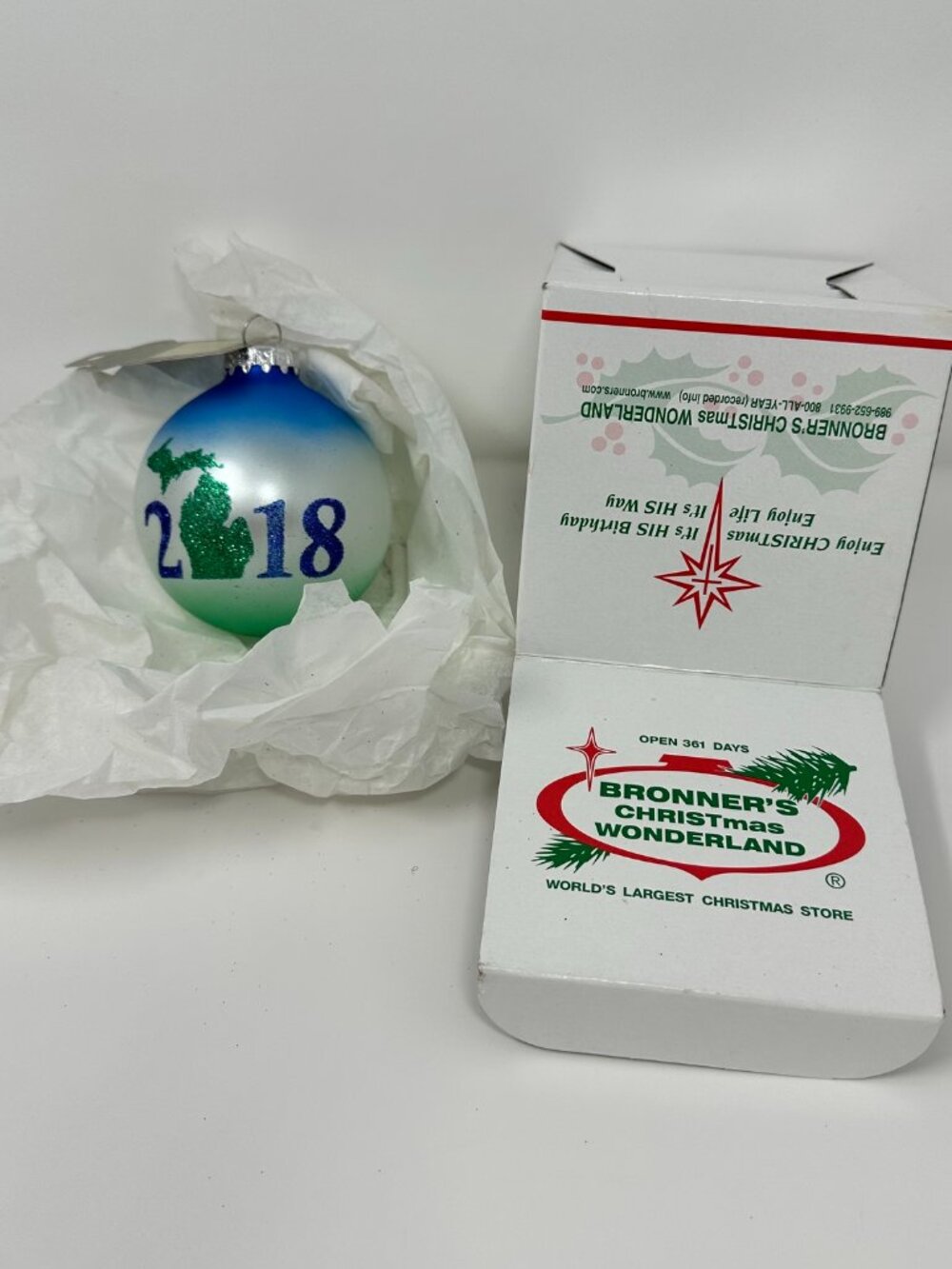 Bronner's Christmas Glass Blue Glittery Ornament, 2018 Michigan Made In Hungary